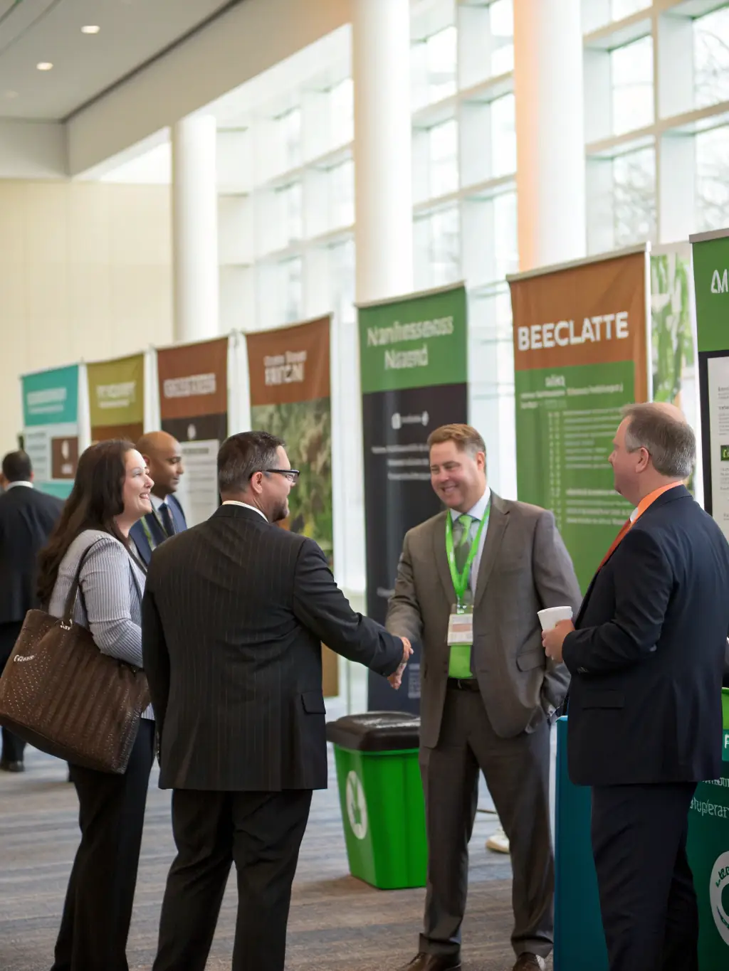 A photograph of attendees networking at a waste management conference, with a focus on collaboration and discussion.