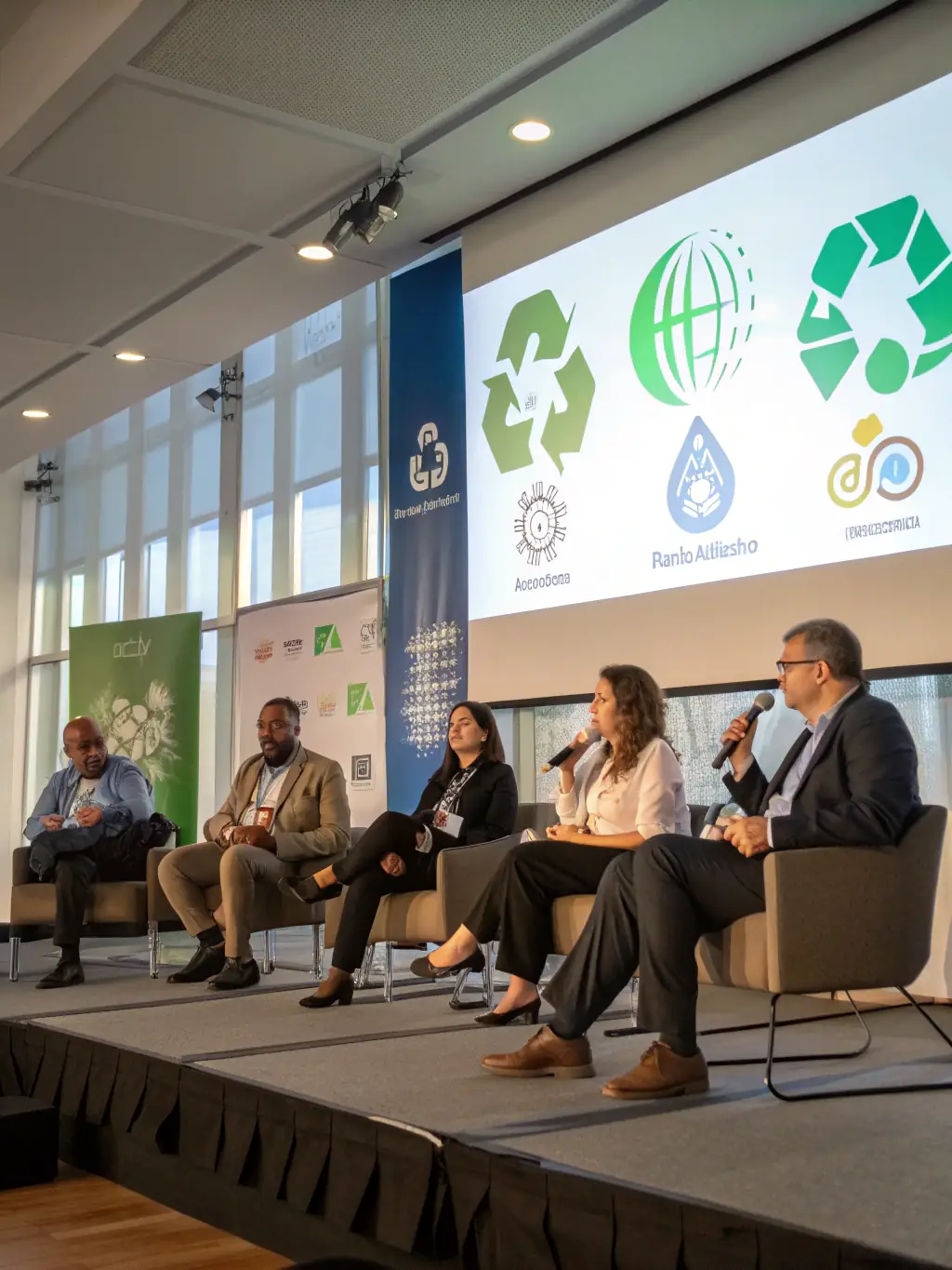 A diverse group of attendees actively participating in a panel discussion at the Annual Waste Management Conference, focusing on innovative recycling technologies.