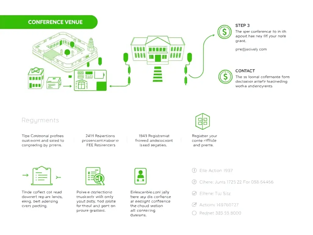 A detailed infographic outlining key conference details, such as venue information, registration process, and contact information.