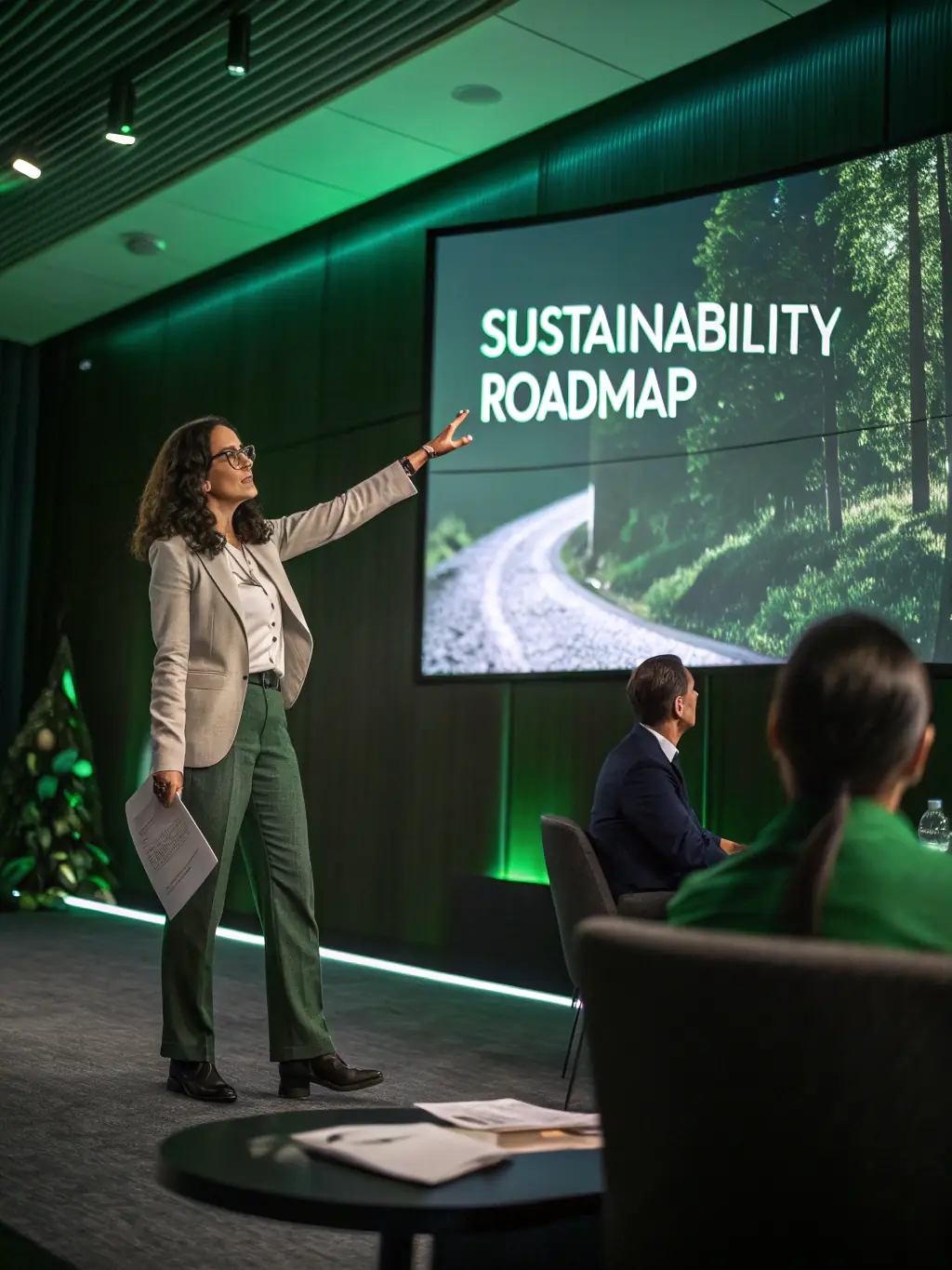 A keynote speaker delivering a presentation on circular economy principles at the Annual Waste Management Conference, with a focus on reducing waste and promoting sustainability.