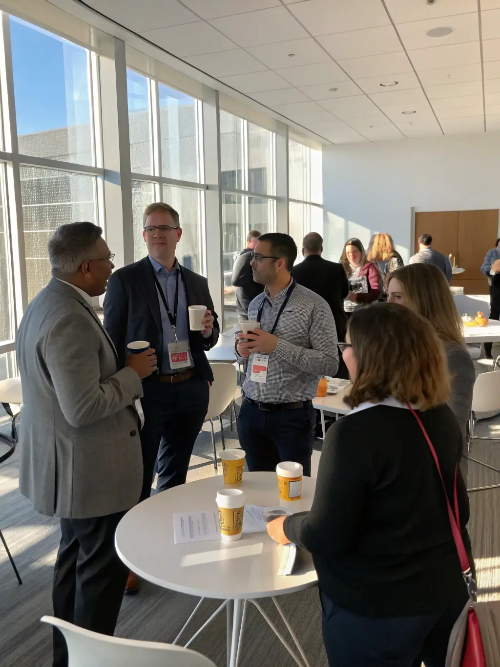 A photograph of a networking session at a Disposerspace conference, showing professionals connecting and discussing potential collaborations in the waste management sector.