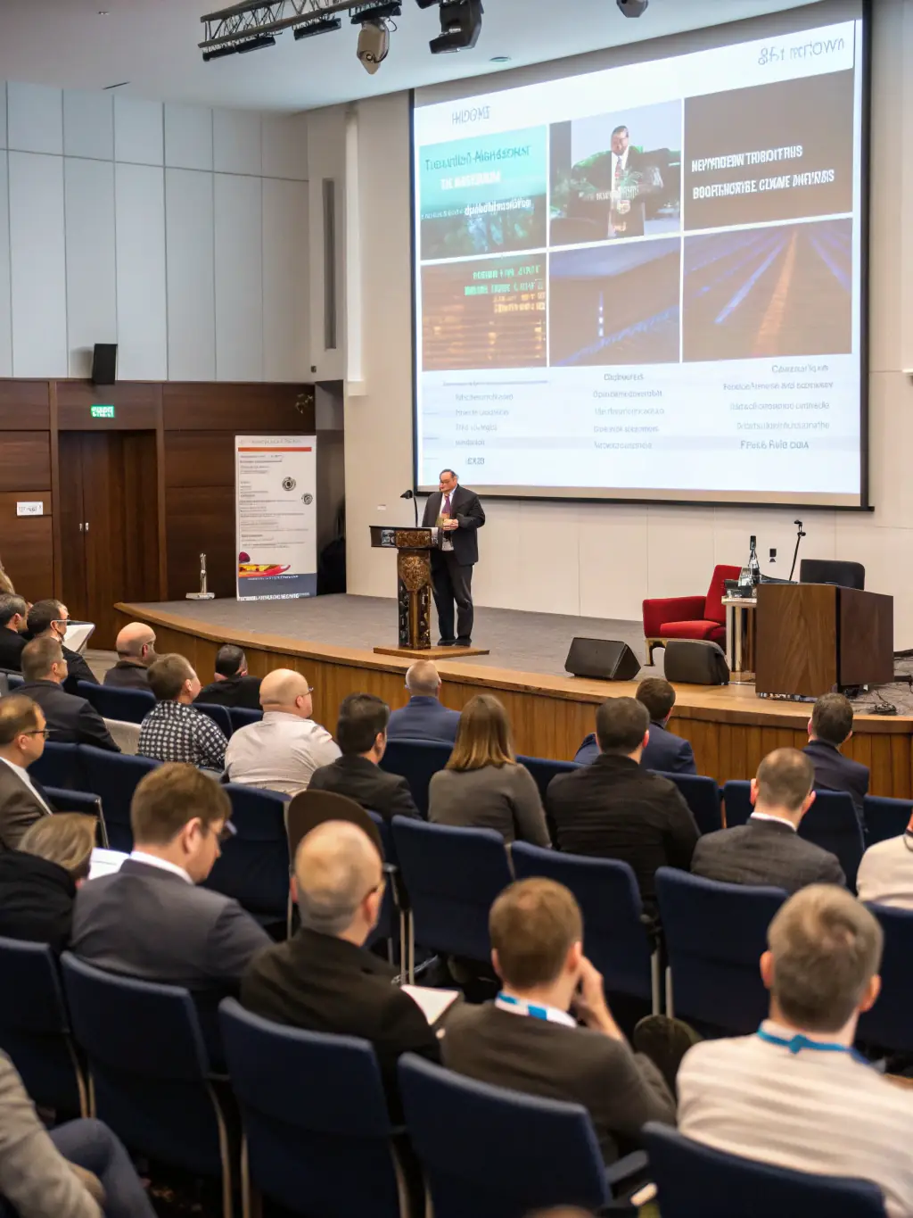 A photograph of a keynote speaker presenting on innovative waste reduction strategies at a recent Disposerspace conference, emphasizing audience engagement and practical solutions.